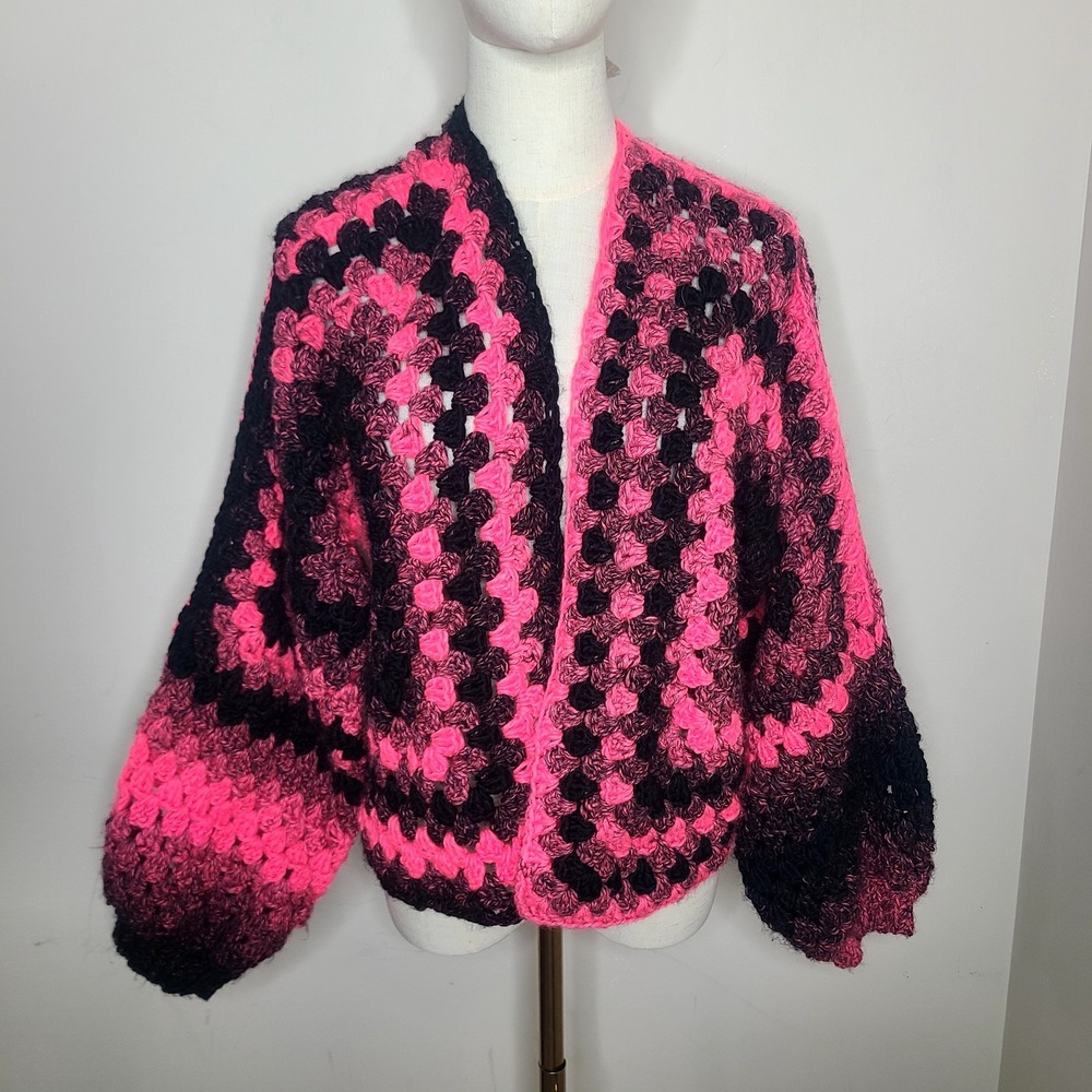 Handmade Crochet Granny Square One Size Cozy Cardigan Boho Chunky Knit Sweater